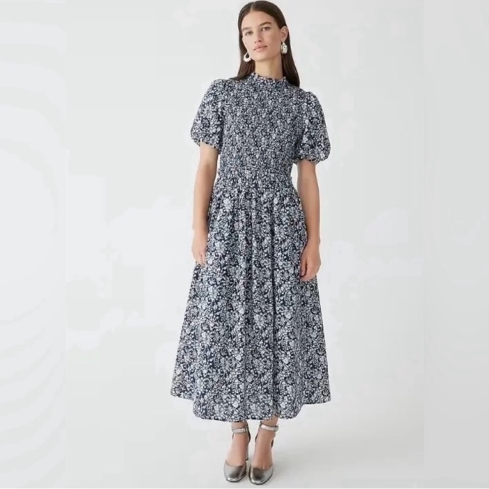 J Crew Navy Blue Floral Liberty Smocked Puff Sleeve Dress Midi XS S